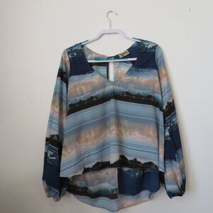 Show Me Your MuMu Blue Mountain Sunset Pullover Blouse Top Size L Boho